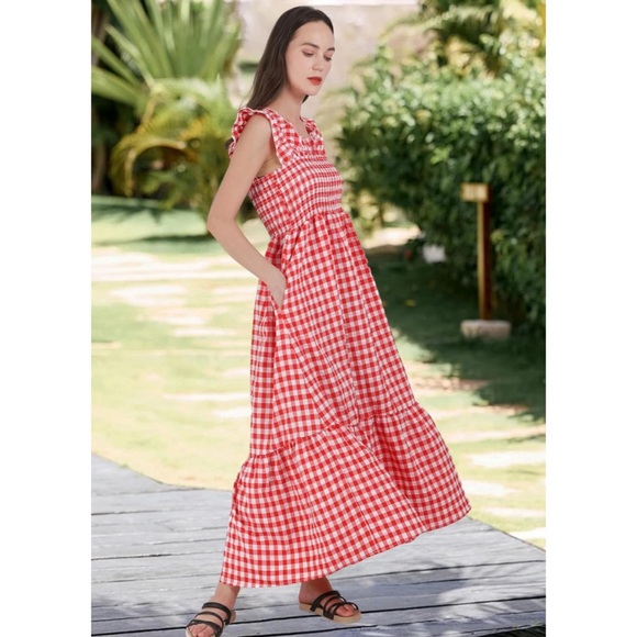 Gingham Print Plaid Smocked Spaghetti Straps Flouncy Long Dress in Red - Picture 4 of 6